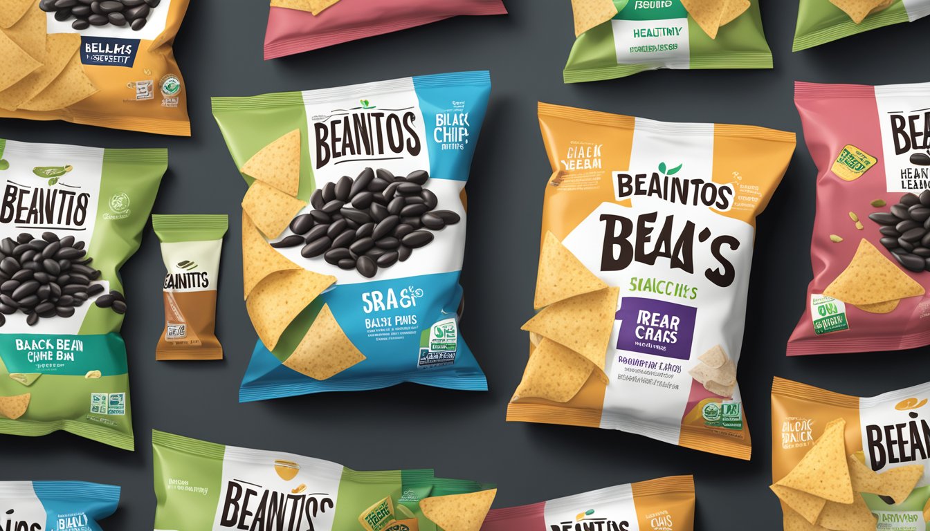 A bag of Beanitos Black Bean Chips surrounded by other snack bags, with a "healthy" label and a pile of regular chips nearby