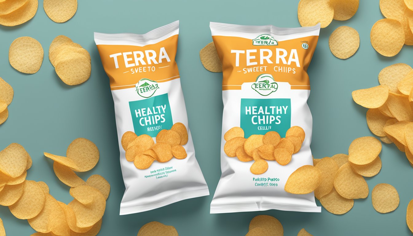 A bag of Terra Sweet Potato Chips surrounded by regular potato chips, with a "healthy" label crossed out