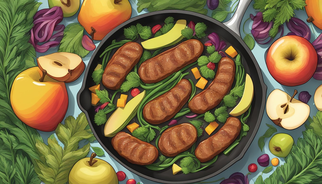 A sizzling skillet with sliced Field Roast Apple Maple Sausage surrounded by colorful, vibrant plant-based ingredients