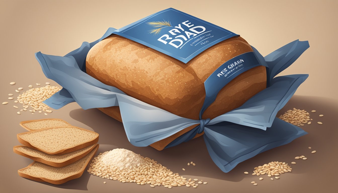 A loaf of rye bread with whole grain label surrounded by refined flour bags