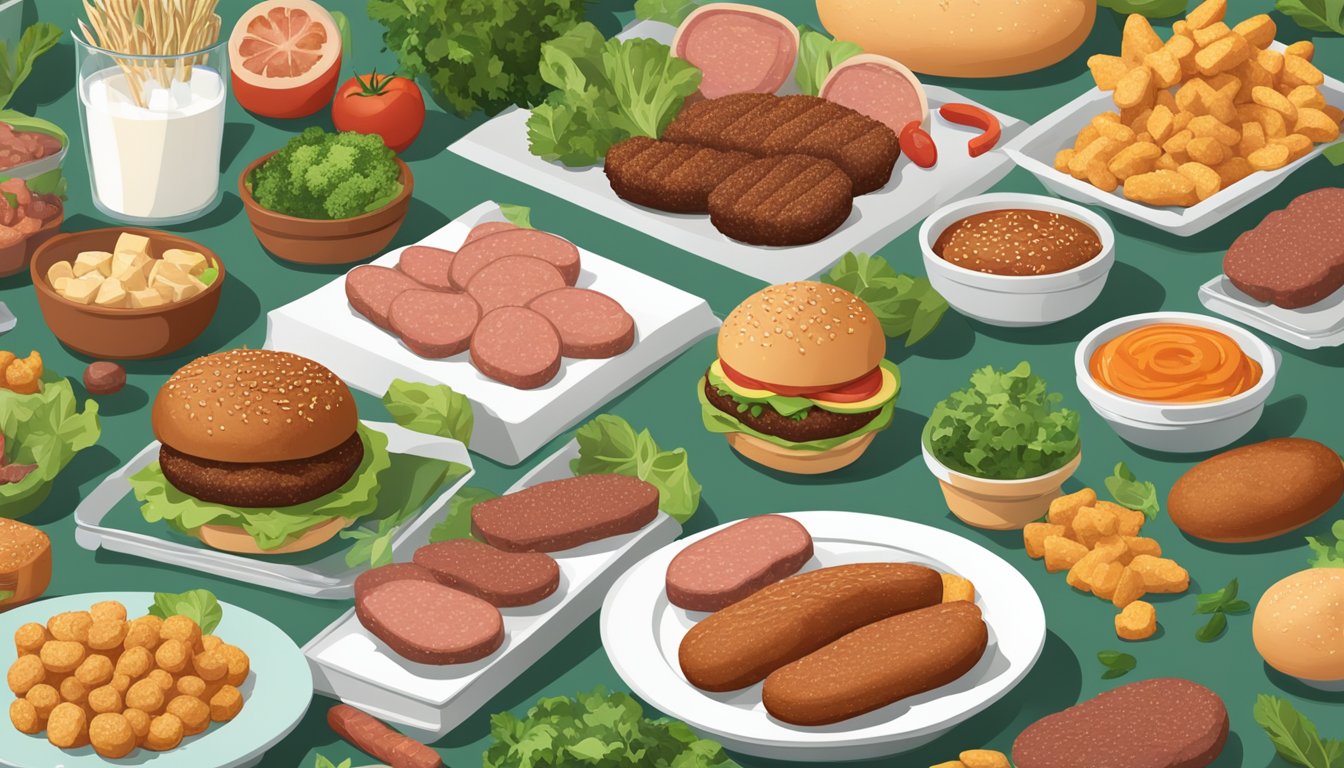 A variety of plant-based "meats" displayed on a table, including burgers, sausages, and nuggets, with packaging and ingredients scattered around