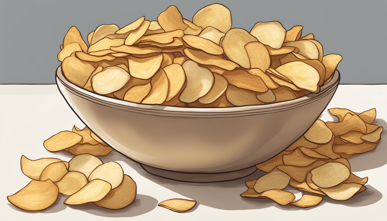 A bowl of Bare Baked Crunchy Apple Chips surrounded by regular potato chips, showcasing the deceptive "healthy" aspect of the apple chips