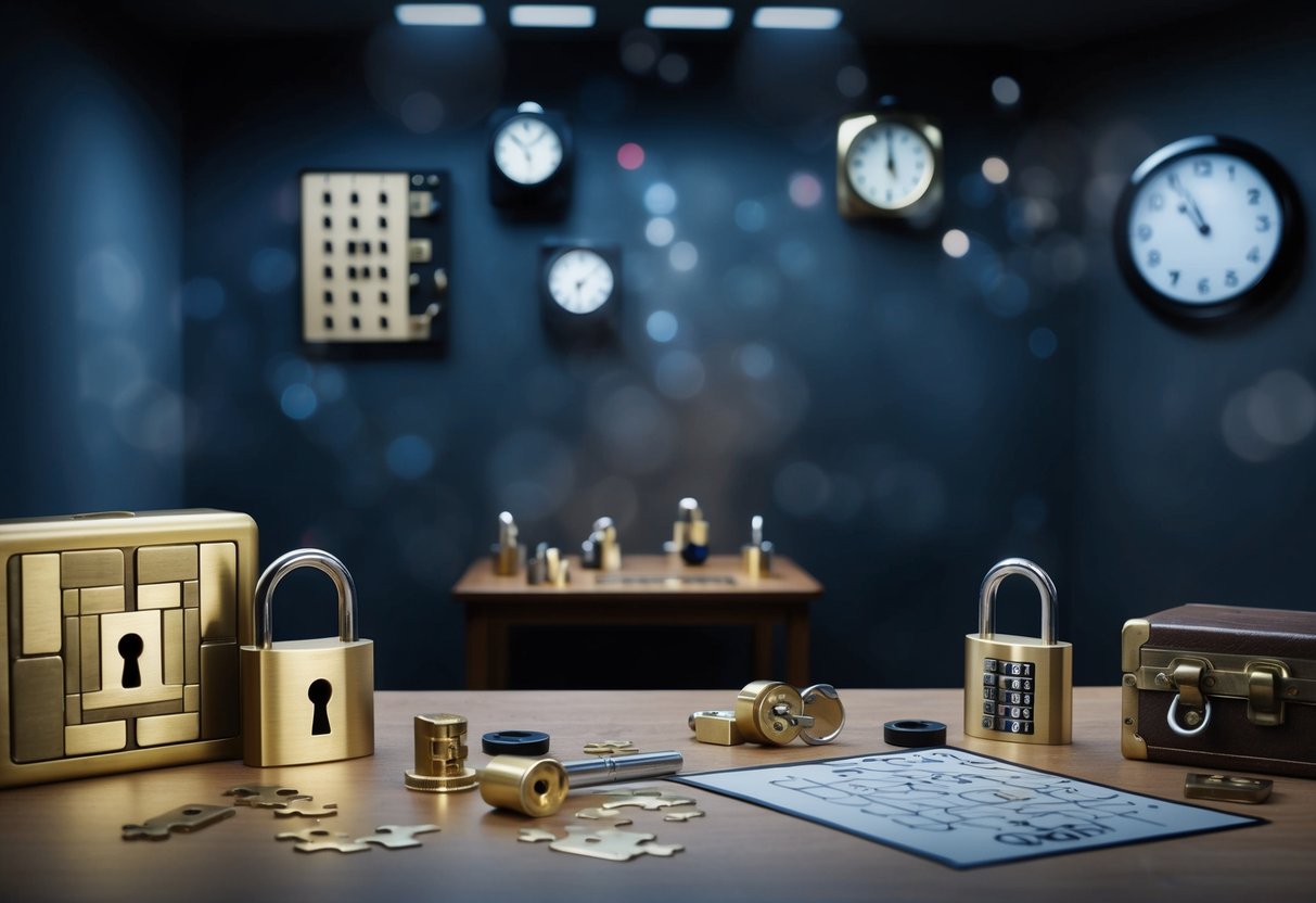 A dimly lit room with various puzzles and locks, a countdown clock on the wall, and a small table with scattered clues and tools