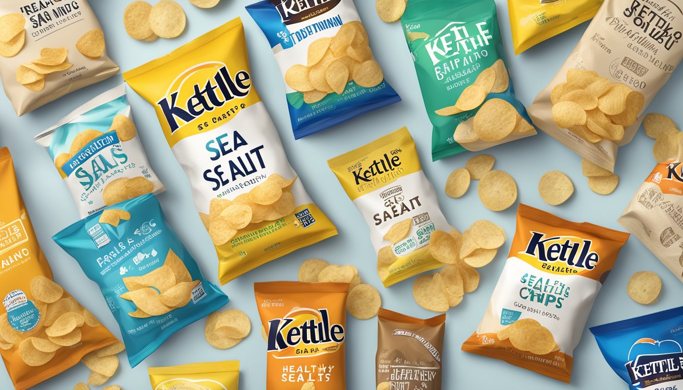 A bag of Kettle Brand Sea Salt potato chips surrounded by other "healthy" snack options, with a nutrition label and a pile of regular potato chips in the background