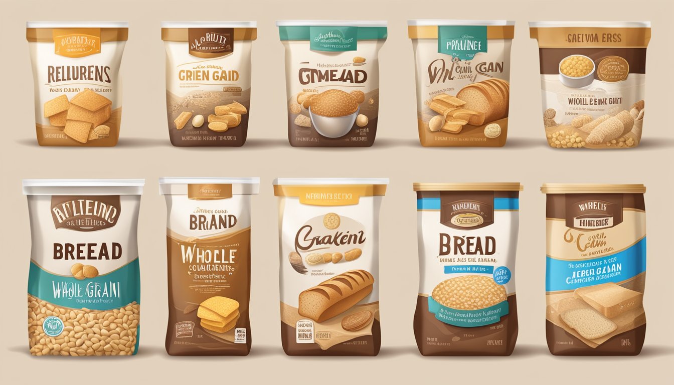 A variety of packaged food items, such as bread, cereal, and crackers, with "whole grain" labels, but the main ingredient listed is refined flour