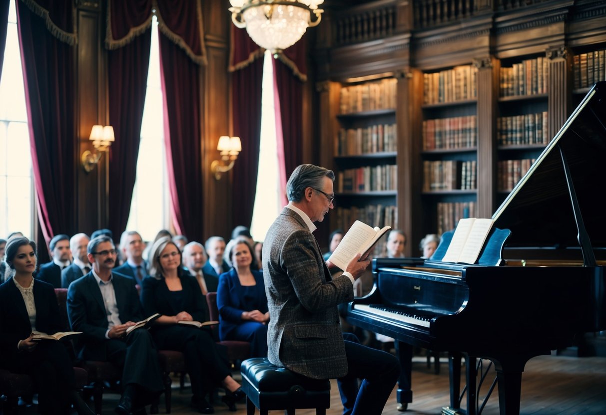 A dimly lit library with velvet curtains, ornate bookshelves, and a grand piano. A figure in a tweed blazer reads poetry to an attentive audience