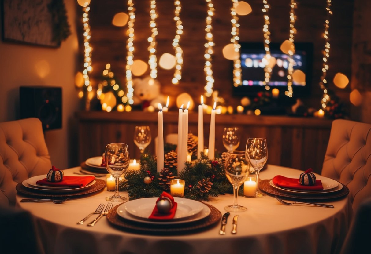 A cozy table set with themed decorations and candlelight, surrounded by soft music and a warm ambiance