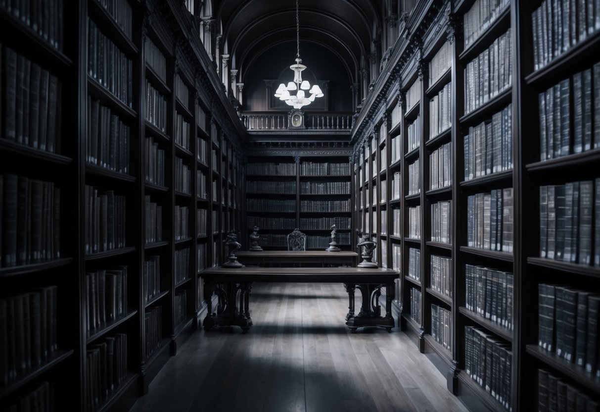 A dimly lit historic library with towering shelves and ornate furniture, casting long shadows on the walls