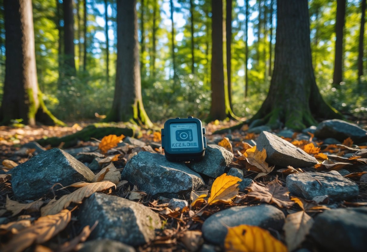 A forest clearing with a hidden geocache nestled among rocks and fallen leaves, surrounded by tall trees and dappled sunlight