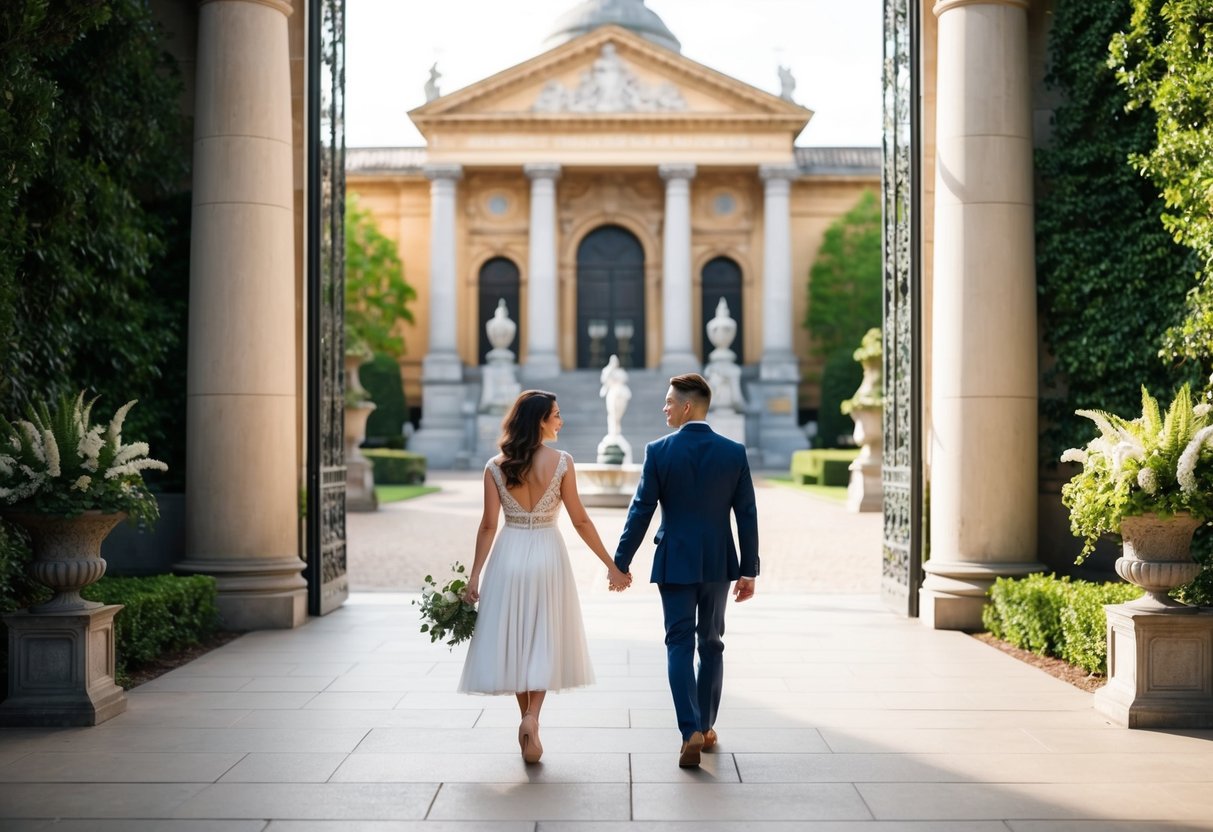 A couple strolls hand in hand through the grand entrance of a historical landmark, surrounded by ornate architecture and lush greenery