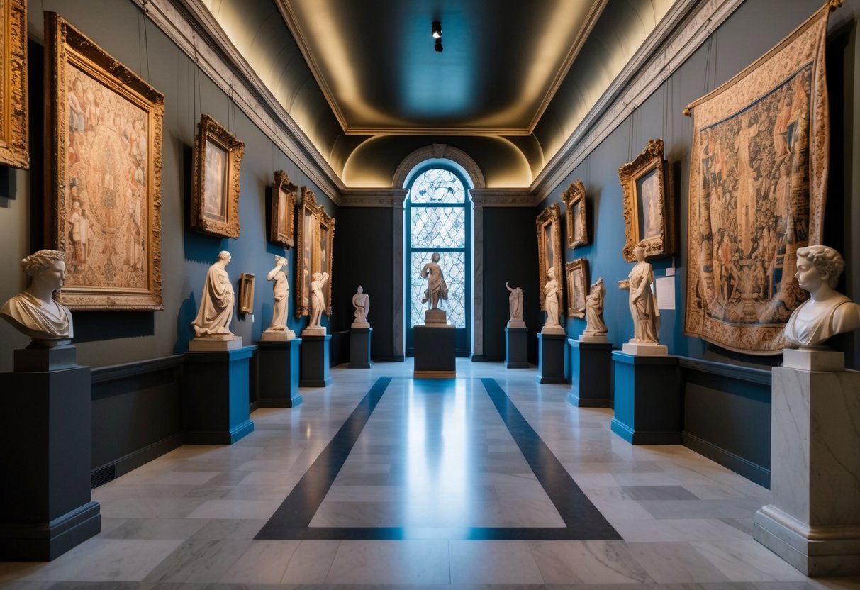 A dimly lit art museum with ornate frames, marble statues, and intricate tapestries adorning the walls