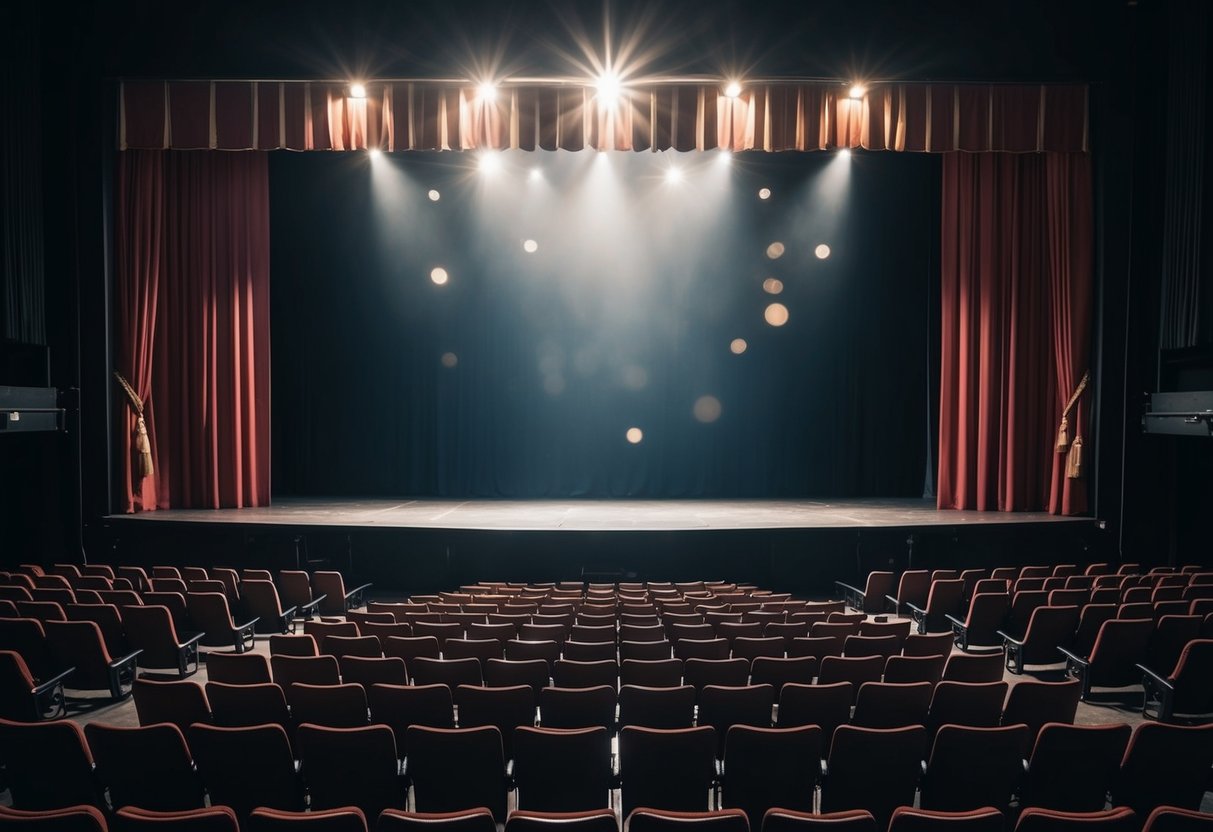 A dimly lit theater stage with empty seats, a spotlight shining on the empty stage, and the backdrop of a grand curtain