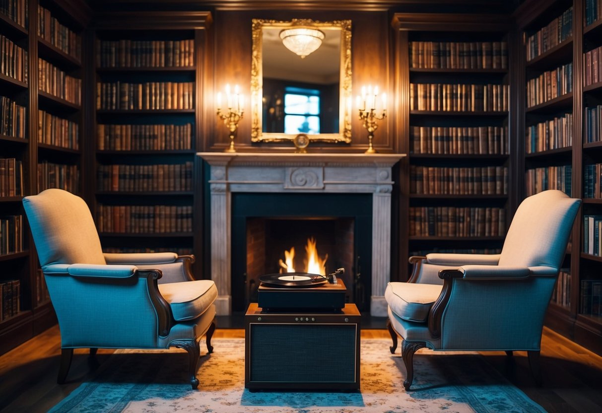 A dimly lit library with antique books, a vintage record player, and two elegant armchairs facing a crackling fireplace