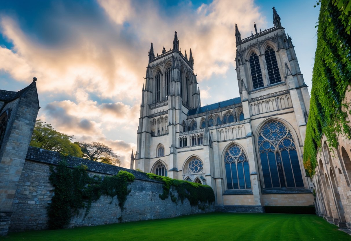 A gothic cathedral with towering spires and intricate stained glass windows, surrounded by ancient stone walls and overgrown ivy