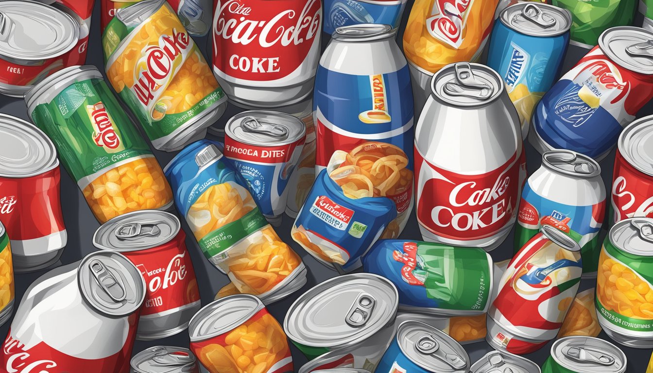 A can of Diet Coke surrounded by various processed foods with "low-fat" labels, all containing unhealthy additives