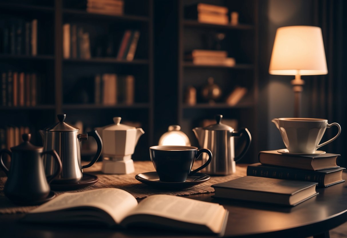 A cozy table set with vintage coffee pots, books, and dim lighting, creating a dark academia ambiance for a home-brewed coffee night date