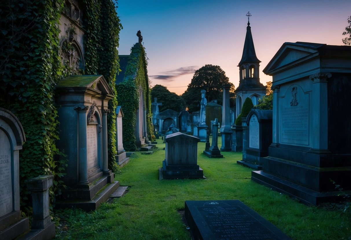 A historic cemetery at dusk, overgrown with ivy and moss, surrounded by ancient tombstones and mausoleums, creating a hauntingly beautiful atmosphere