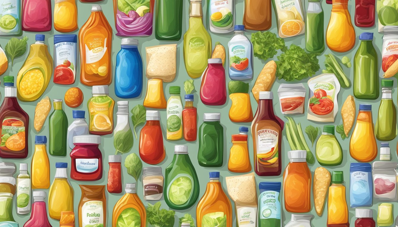 A colorful array of salad dressings and packaged "low-fat" foods, surrounded by chemical preservatives and unhealthy additives