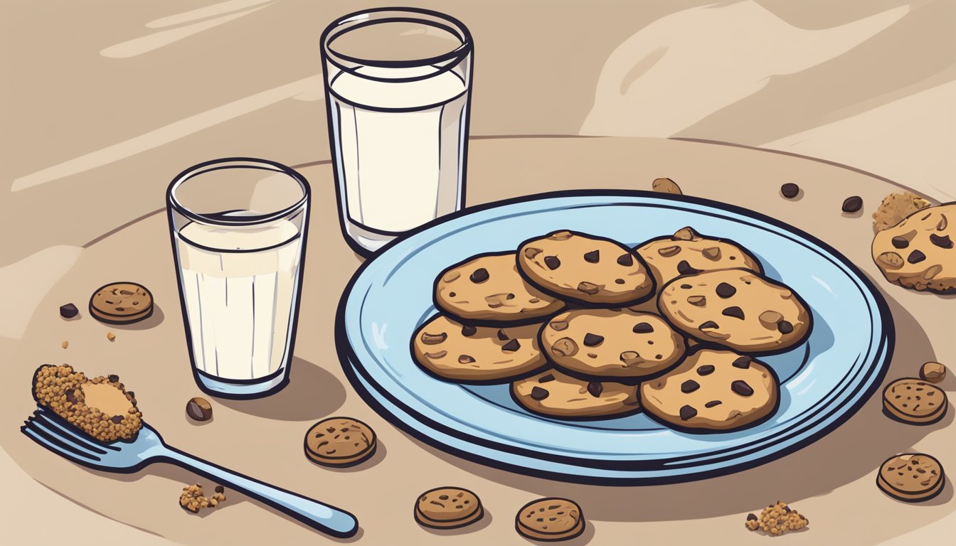 A plate of Peanut Butter Chocolate Chip cookies by Lenny & Larry's, surrounded by scattered crumbs and a glass of milk