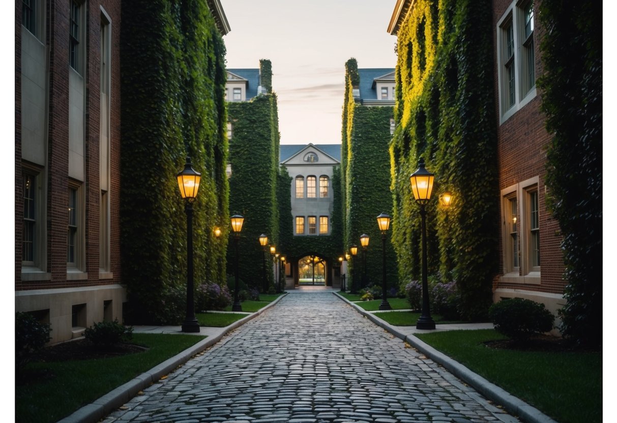 A cobblestone path winds through the ivy-covered buildings of a university campus, beneath the glow of antique-style street lamps