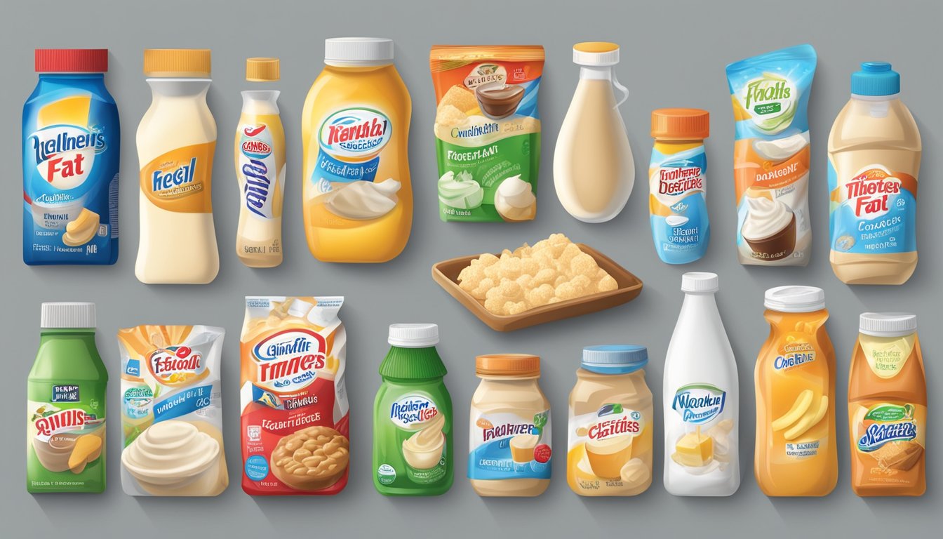 A variety of "low-fat" food products with misleading health claims, including fat-free creamers, surrounded by artificial additives and unhealthy ingredients