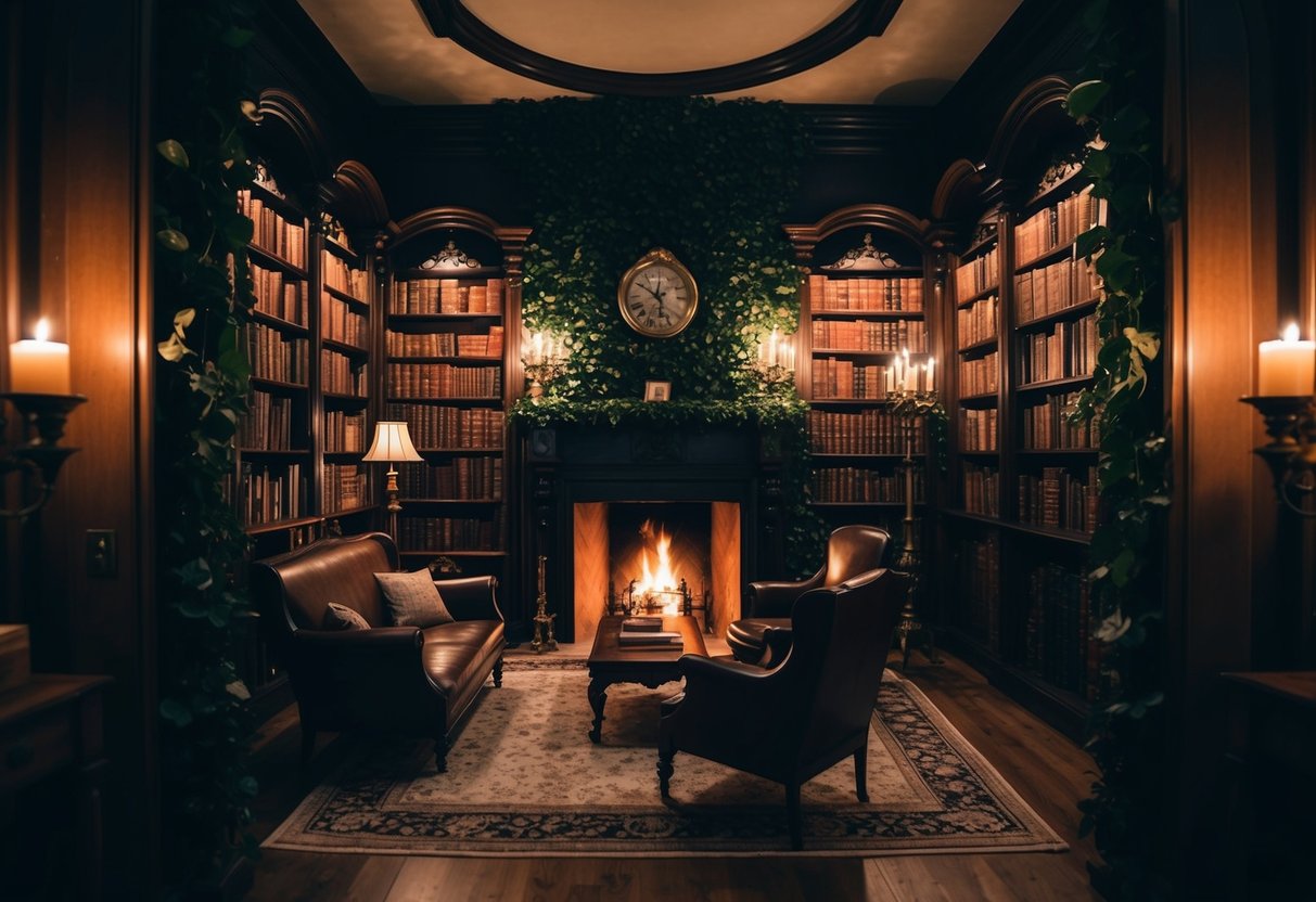A dimly lit library with leather-bound books, antique furniture, and a cozy fireplace, surrounded by ivy-covered walls and flickering candlelight