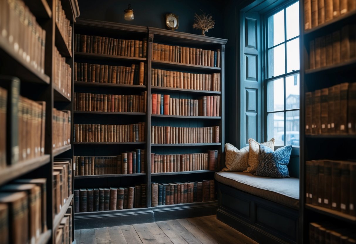 An old bookshop with dim lighting, towering shelves of dusty books, a cozy reading nook, and vintage decor