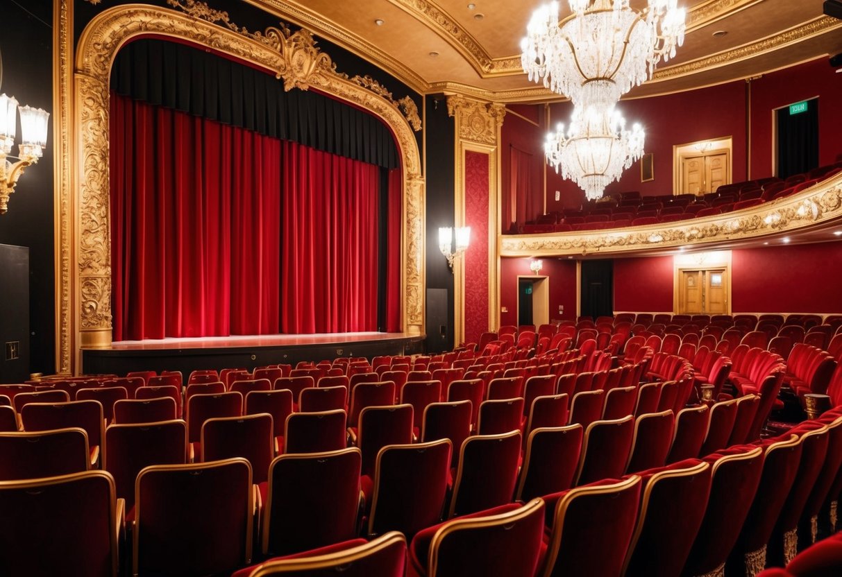 A grand, ornate theater with velvet seats and gold trim, dimly lit by chandeliers. Rich red curtains frame the stage, creating an atmosphere of elegance and nostalgia