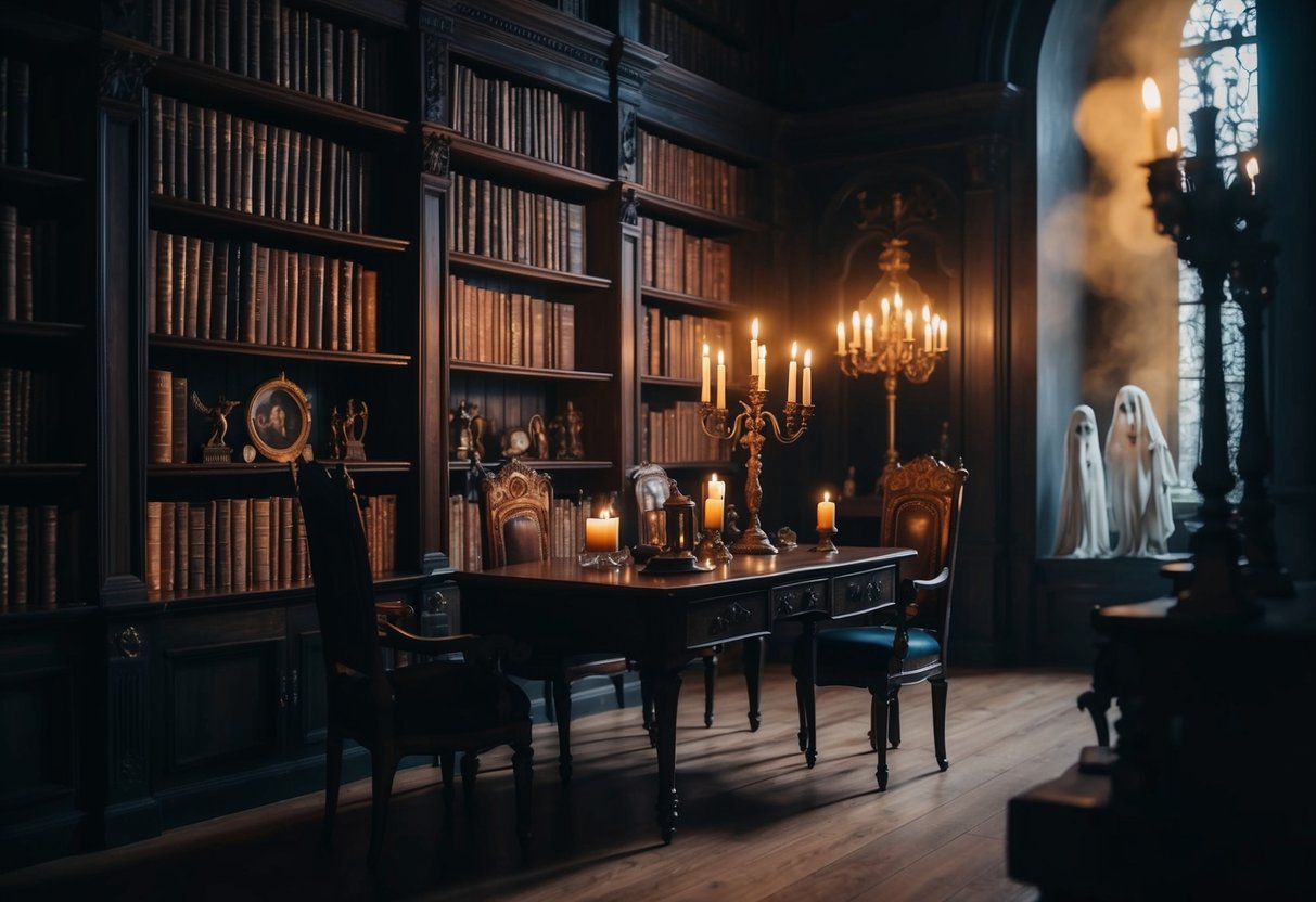 A candlelit library with antique books, ornate furniture, and mysterious artifacts. Shadows dance on the walls as ghostly figures linger in the corners