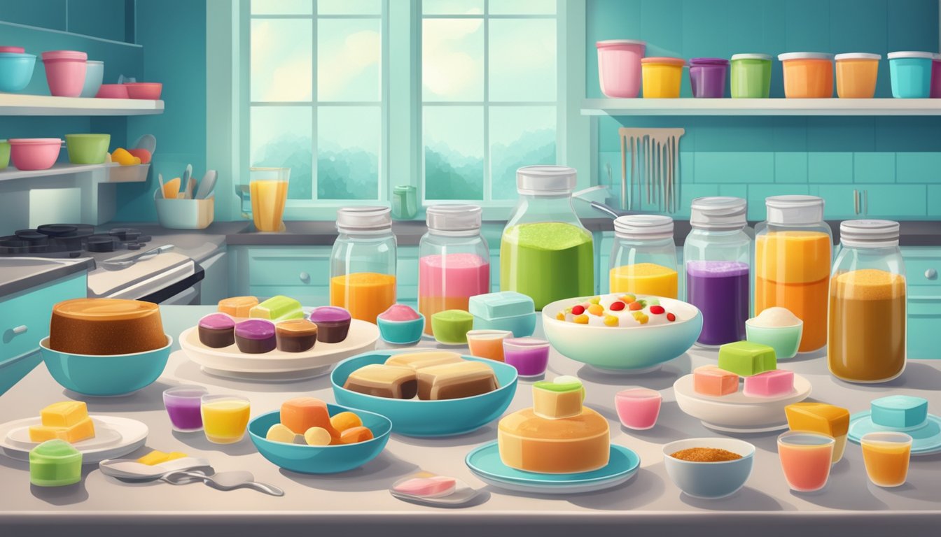 A table with various sugar-free puddings surrounded by artificial sweeteners, preservatives, and other unhealthy additives in a bright, sterile kitchen setting