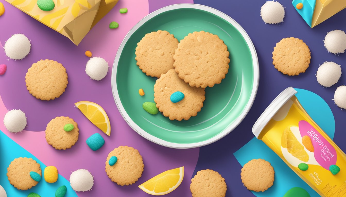 A plate of vegan coconut cookies surrounded by colorful packaging