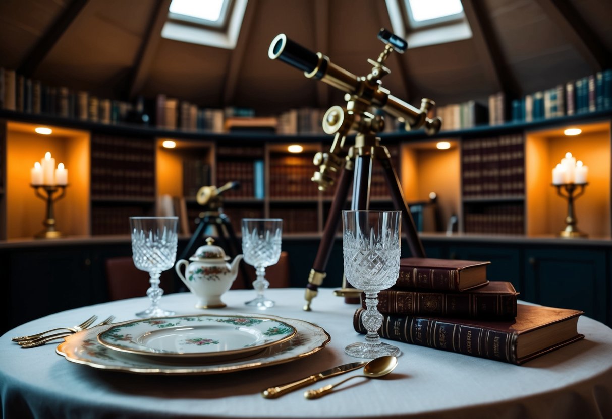 A cozy observatory with antique telescopes, leather-bound books, and dim candlelight. An elegant table set with vintage china and crystal glasses