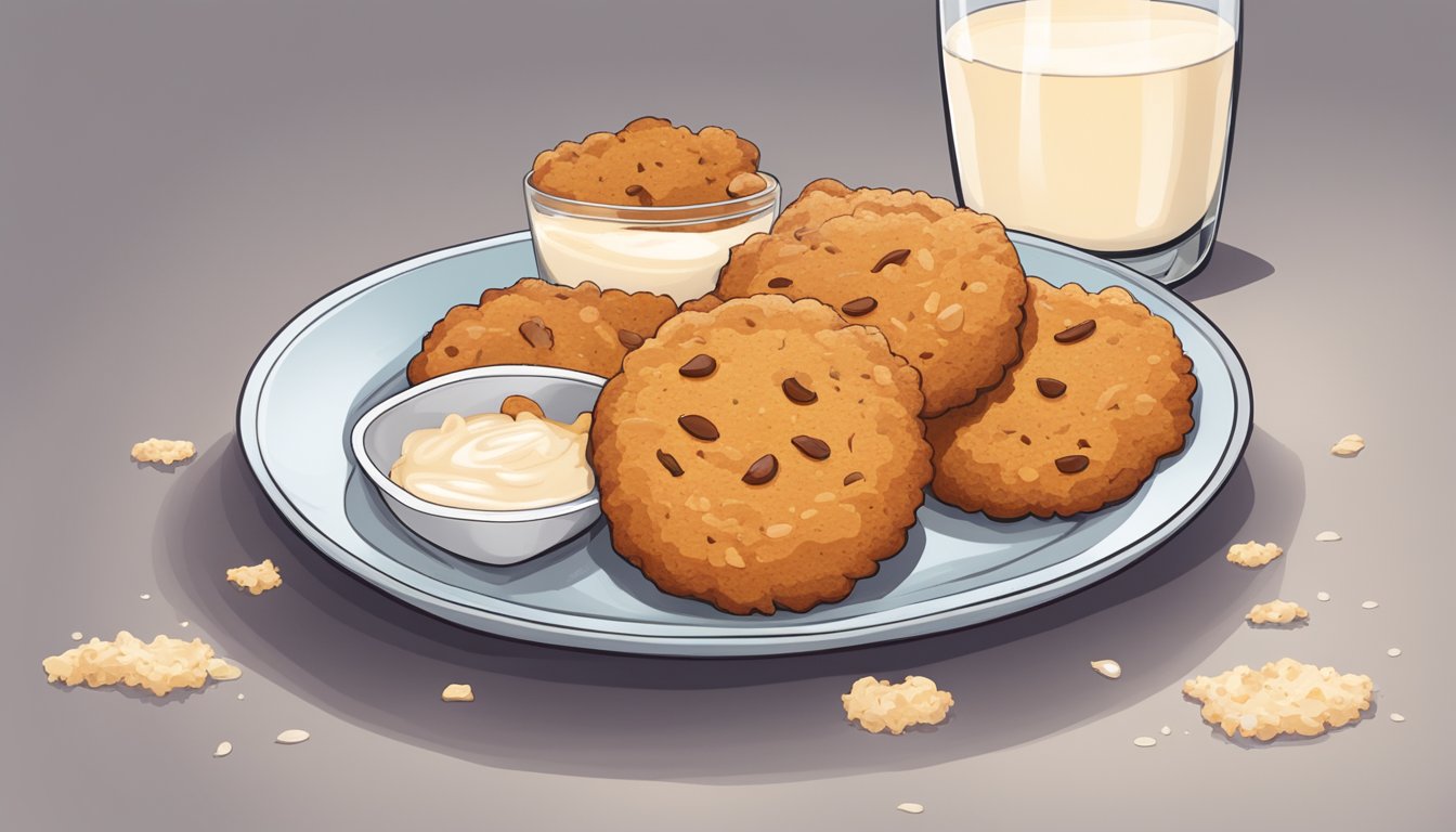 A plate of sweet potato cookies surrounded by crumbs, with a glass of milk on the side