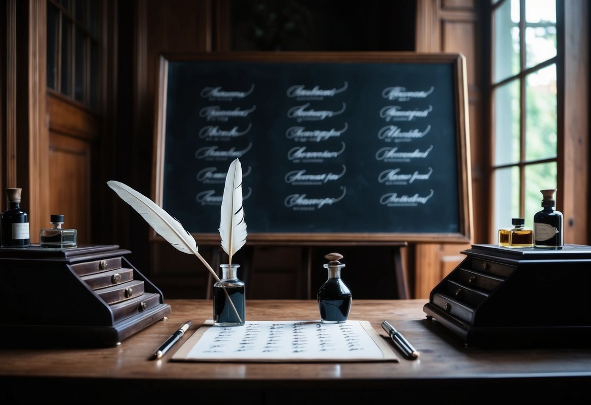 A dimly lit room with antique desks, ink bottles, and quill pens. A vintage chalkboard displays elegant calligraphy samples