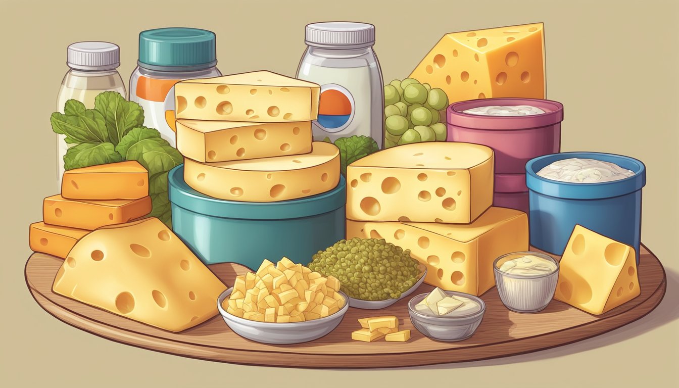 A stack of fat-free cheese slices with emulsifiers, surrounded by various low-fat food items, emphasizing the unhealthy additives present