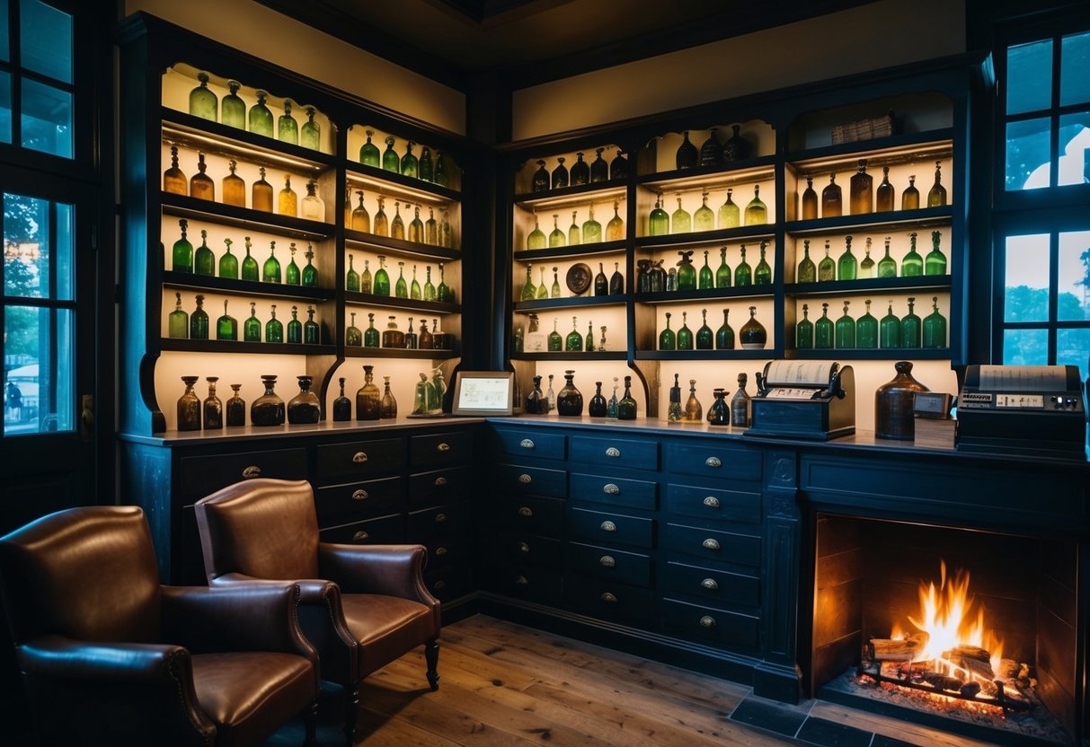 An old apothecary with dim lighting, shelves filled with antique glass bottles, and a vintage cash register. A cozy ambiance with leather armchairs and a crackling fireplace