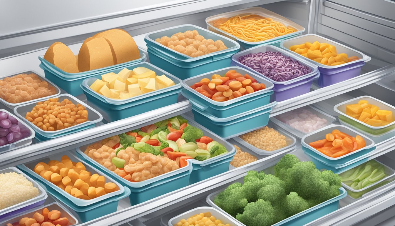 A freezer filled with colorful low-fat frozen meals, surrounded by various processed food packaging and ingredient labels