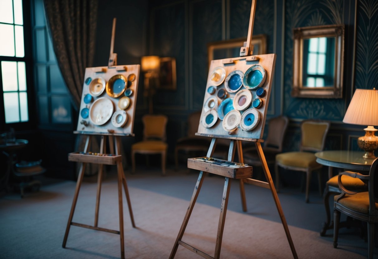 A dimly lit room with vintage easels and paint palettes, adorned with art deco patterns and antique furniture
