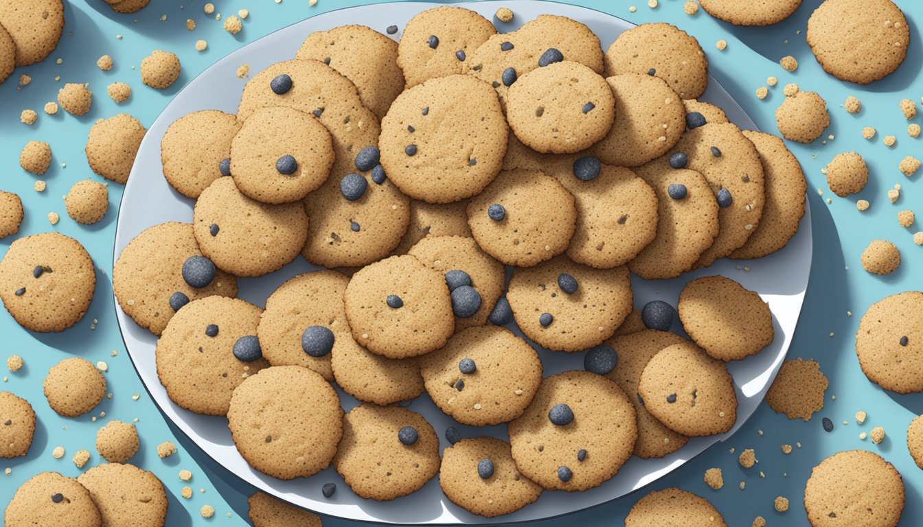 A plate of quinoa and chia seed cookies surrounded by scattered crumbs