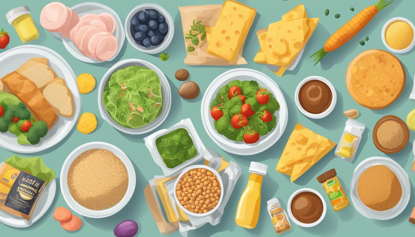 A table filled with packaged low-fat foods, surrounded by artificial additives and preservatives