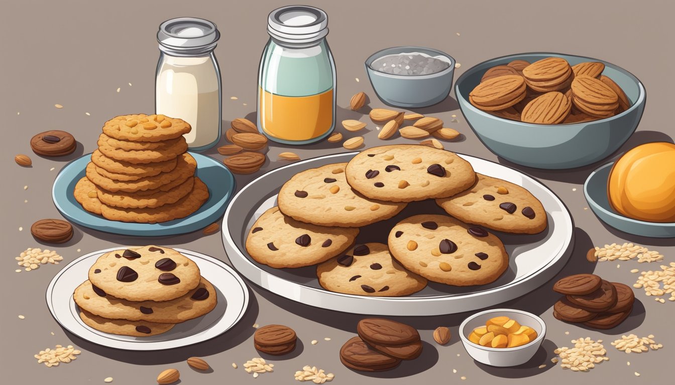 A kitchen counter with a variety of cookies displayed on a plate, with ingredients like oats, nuts, and dried fruit scattered around