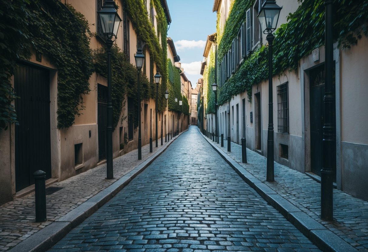 A cobblestone street lined with vintage lampposts and ivy-covered buildings, casting shadows on narrow alleyways and hidden courtyards