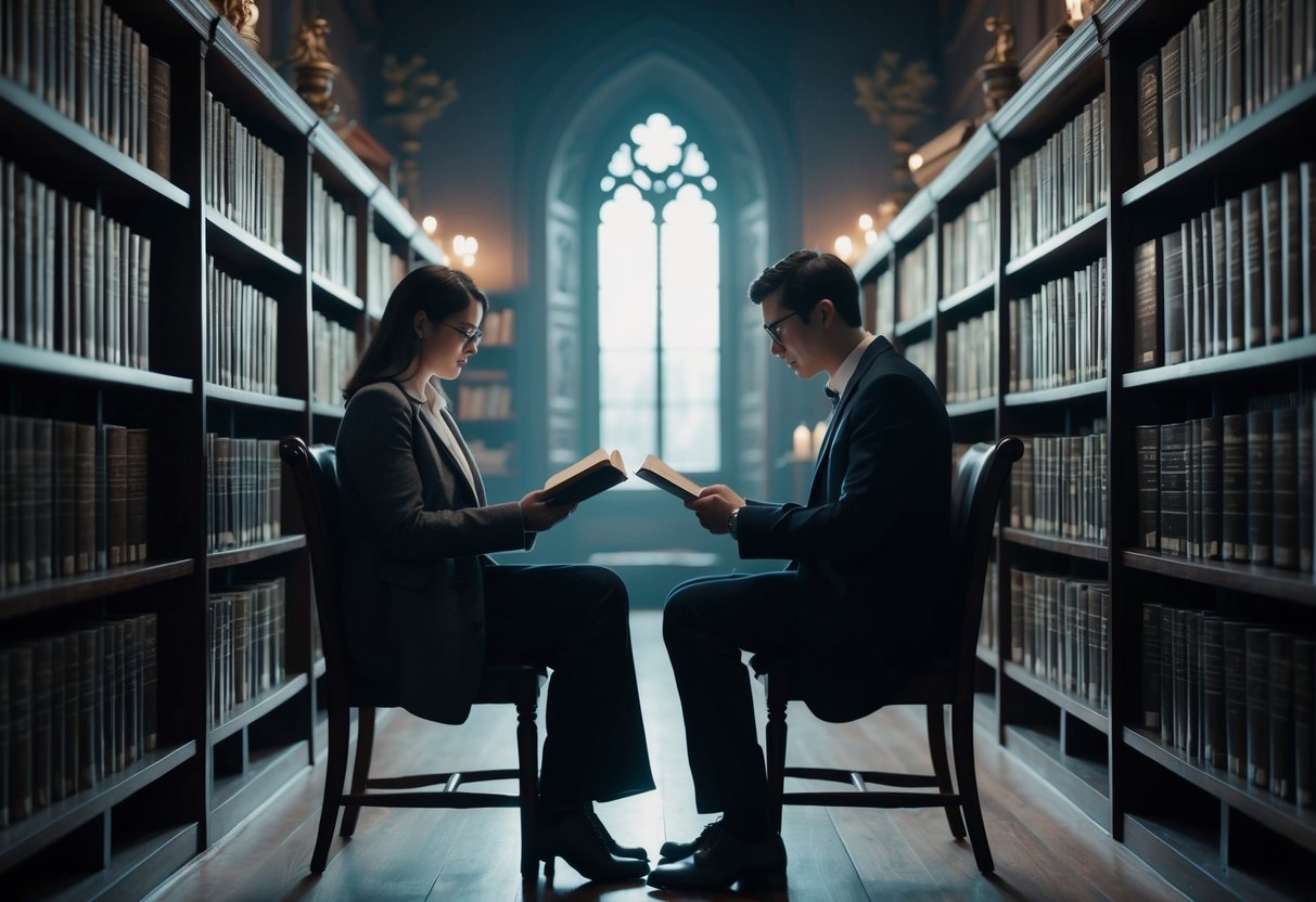 Two figures sit in a dimly lit library, surrounded by vintage books and antique decor. They read poetry together, immersed in the atmosphere of a dark academia date