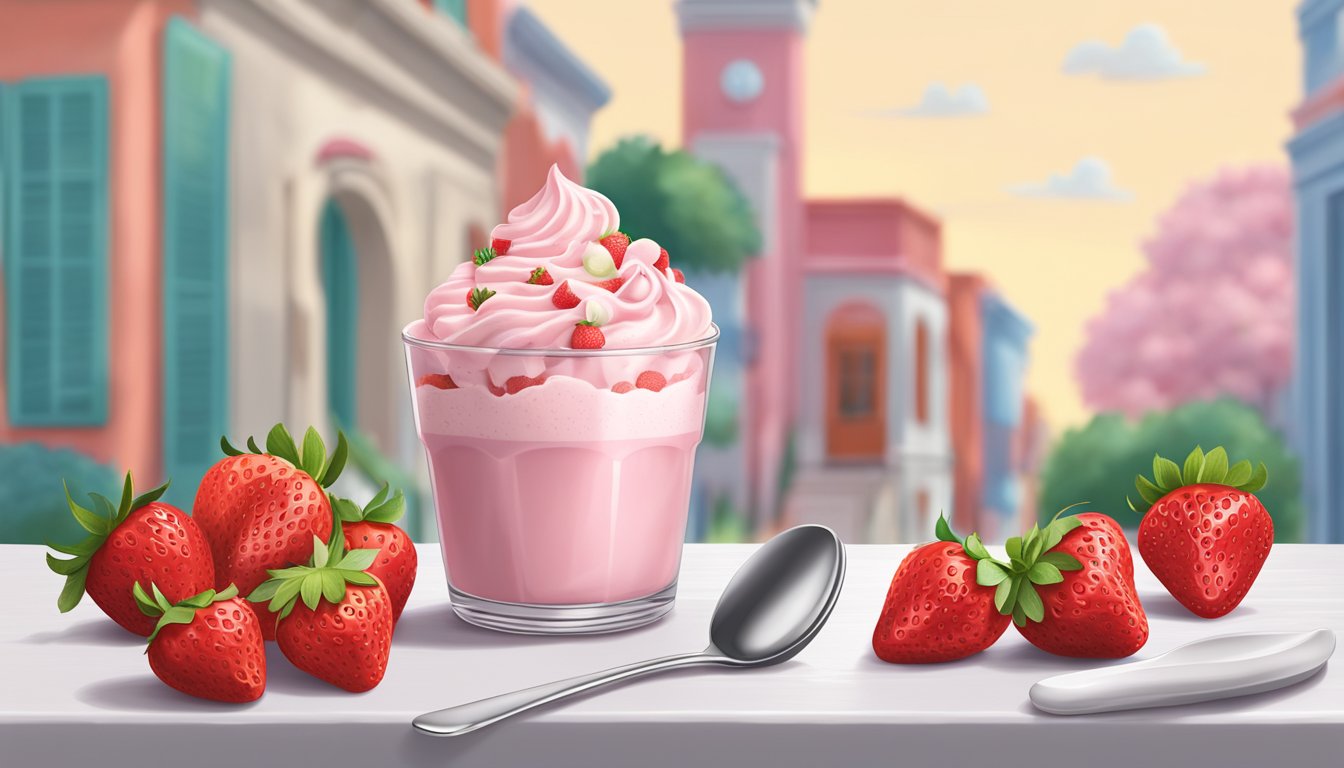 A colorful pint of Ben & Jerry's Strawberry Cheesecake Frozen Yogurt surrounded by fresh strawberries and a decorative spoon