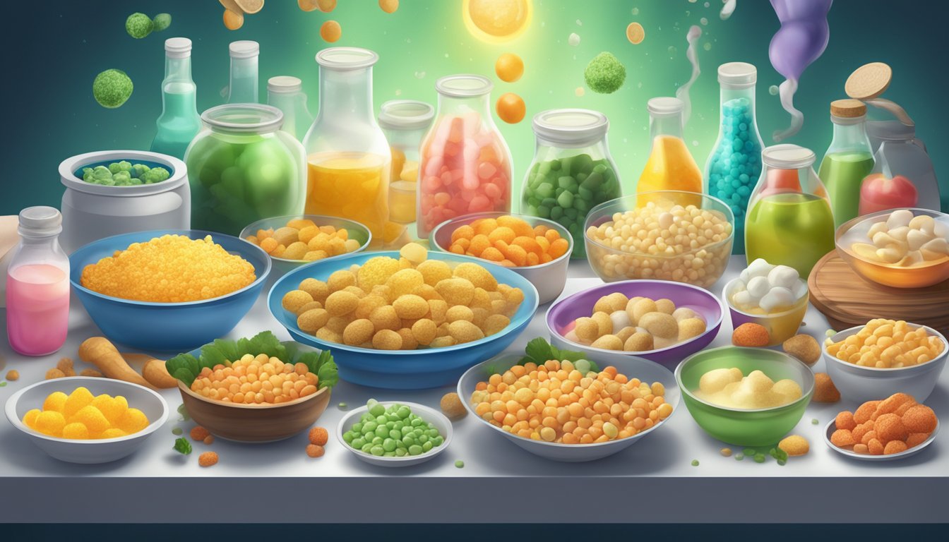 A table filled with low-fat food products, surrounded by ominous-looking chemical additives in the form of floating, glowing particles