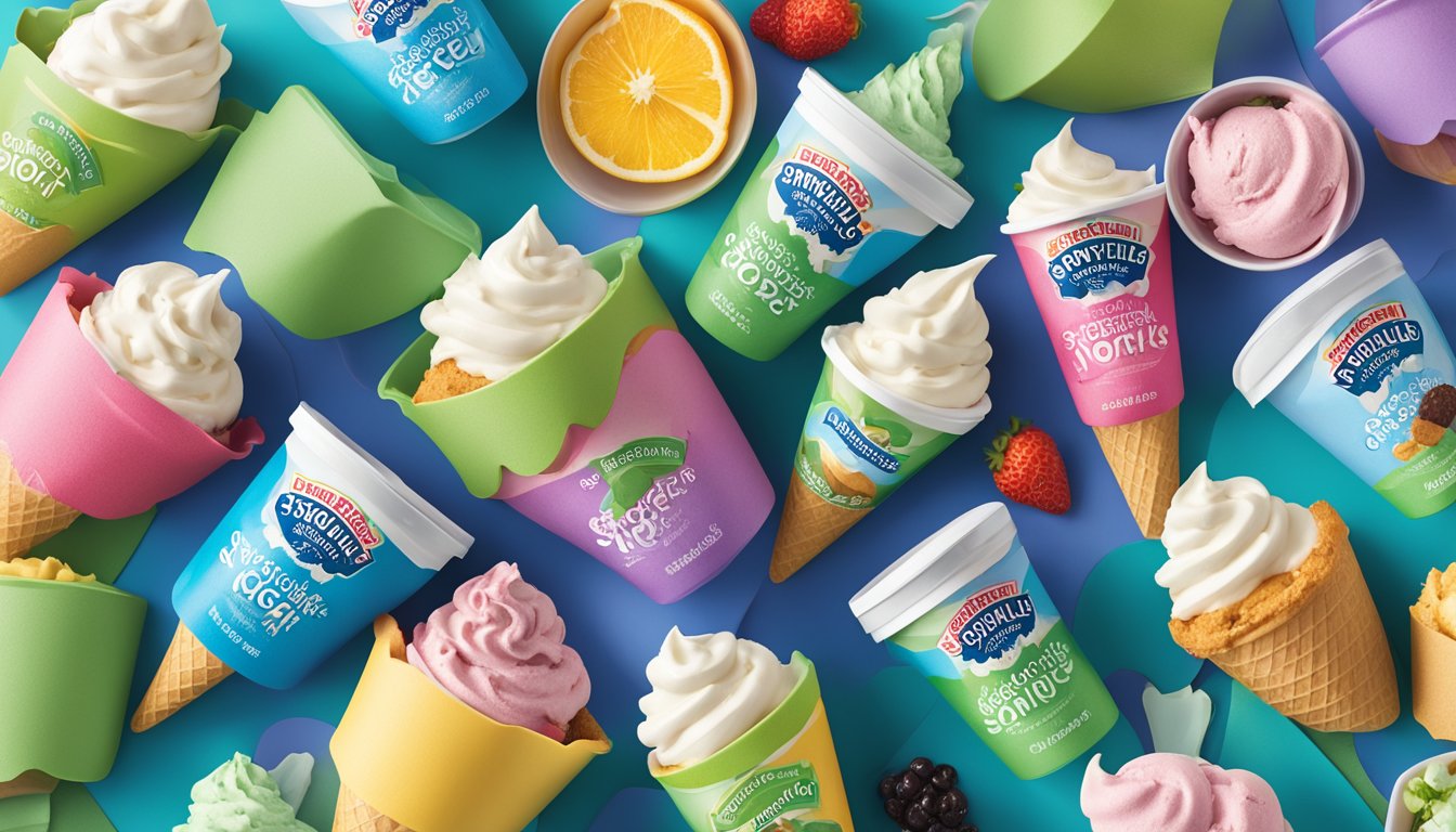 A colorful display of Stonyfield Organic frozen yogurt containers, surrounded by sugary toppings and ice cream cones