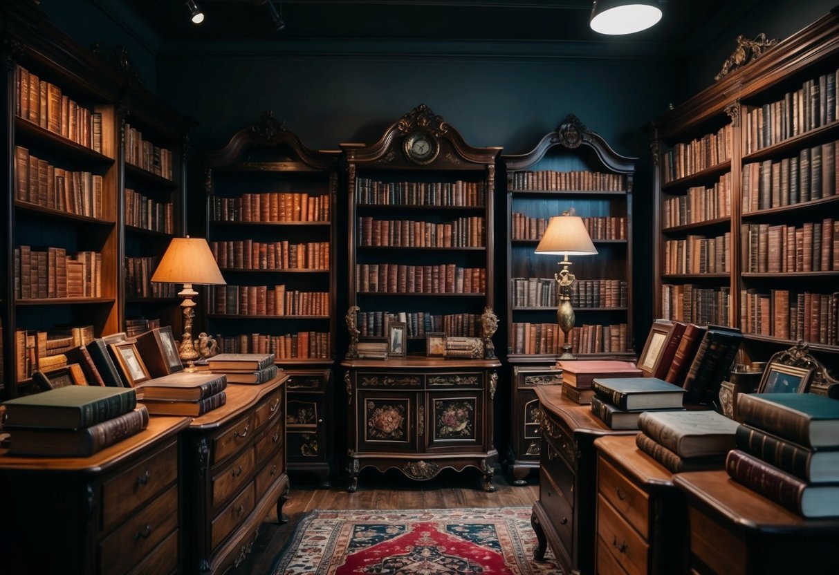 An antique shop filled with vintage books, ornate furniture, and dim lighting creates a cozy and intellectual atmosphere for a dark academia date