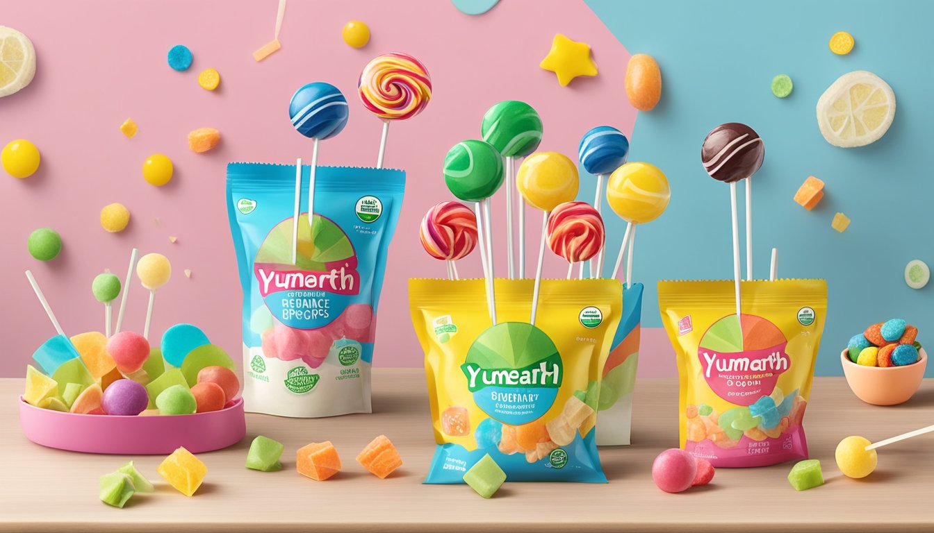 A colorful assortment of YumEarth Organic Lollipops arranged neatly on a tabletop, surrounded by playful toddler-friendly snacks