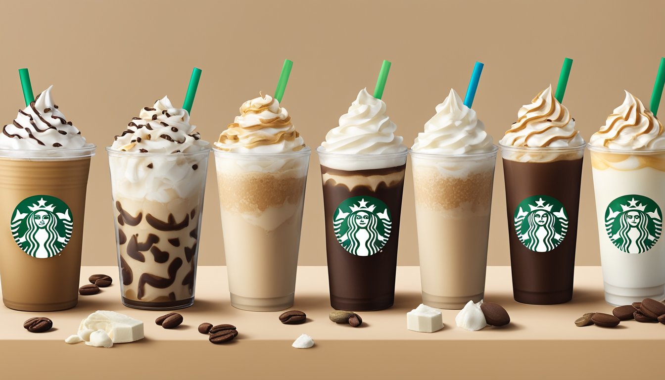 A row of 14 Starbucks White Chocolate Mocha "Skinny" coffee drinks with whipped cream and drizzle, surrounded by calorie-laden ingredients