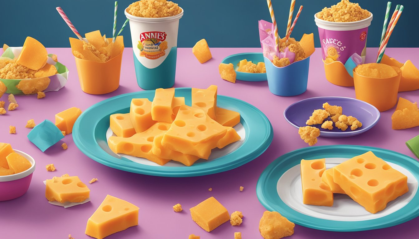 A colorful package of Annie's Cheddar Bunnies surrounded by scattered snack crumbs on a vibrant, child-friendly table setting